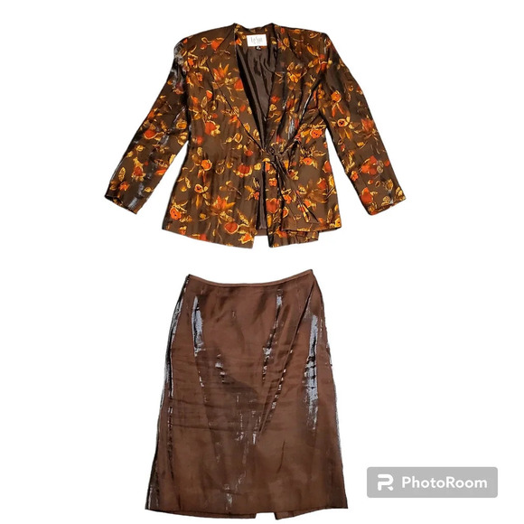 Le Suit Petite Brown Leaf Print 2-Piece Set - Picture 1 of 12